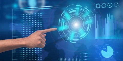 Modern Technologies. Hand pushing virtual button with fingerprint icon on Stock Photos