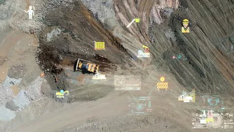 Modern technologies in mining. Visualization of the concept of modern coal Stock Photos