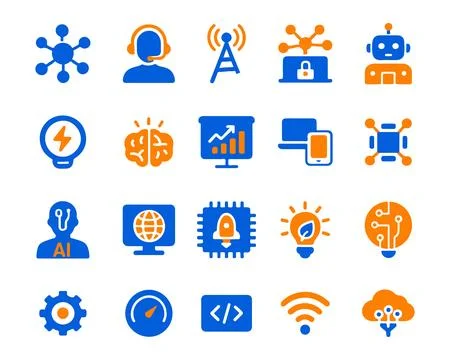 Modern Technology and AI Vector Icons Featuring Network, Robotics, Brain, A.. Illustrazione stock