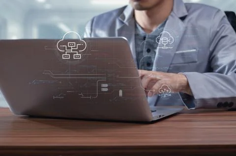 Modern Technology and Cloud Computing Concepts with Laptop Usage Foto stock