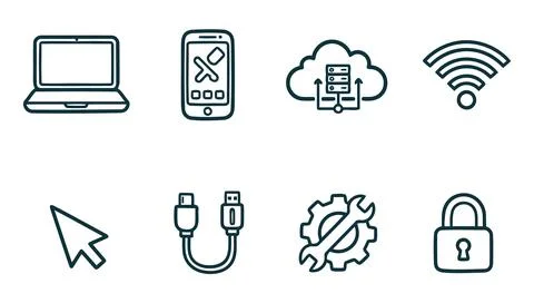 Modern Technology and Connectivity Line Icons Set Featuring Devices Network.. Stock Illustration