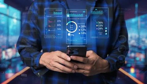 Modern Technology and Data Visualization: Person Holding Smartphone with Di.. Stock Photos