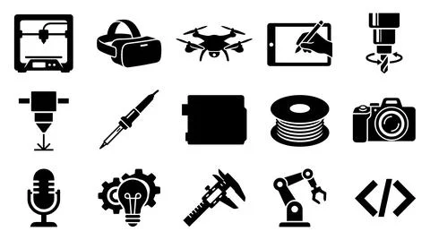 Modern technology and engineering equipment silhouette icon collection set Stock Illustration