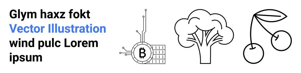 Modern Technology and Nature Elements Bitcoin, Broccoli, Cherries Concept Stockillustratie