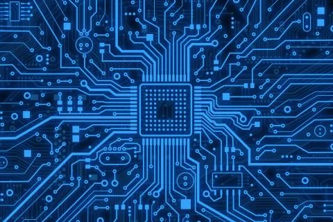 Modern technology. Blue computer microcircuit as background, top view. Illust Illustrazione stock