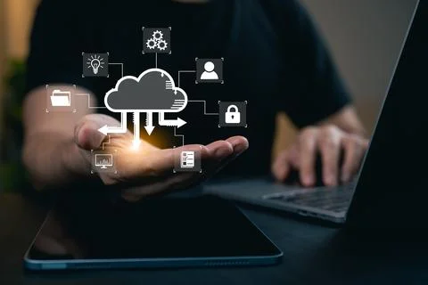 Modern Technology Cloud Computing Concept with Icons Representing Data Secu.. Stockfoto's