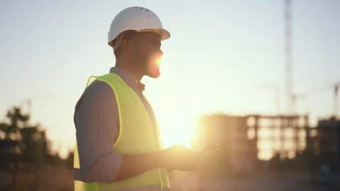 Modern technology for communication and construction innovation, man with phone Stock Footage 318709947