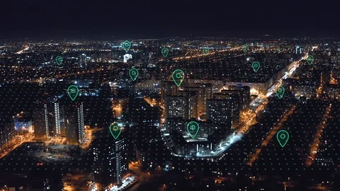 Modern technology concept. Aerial view of futuristic smart city with wireless Stock Footage 122857960