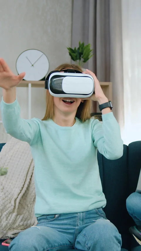 Modern technology concept where good-looking elated joyful eldest girl wearing s Stock Footage 331581724