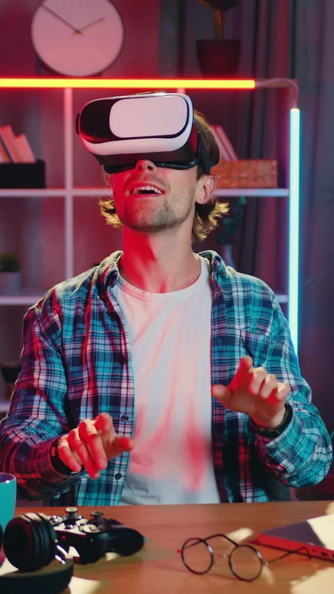 Modern technology concept where likable positive smart experienced 25-aged beard Stock Footage 330485970