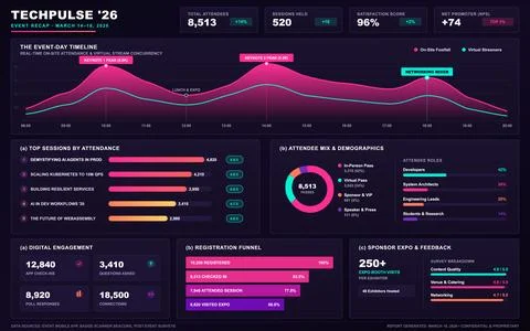 Modern Technology Conference Event Analytics Dashboard with Data Visualizatio Stock Illustration