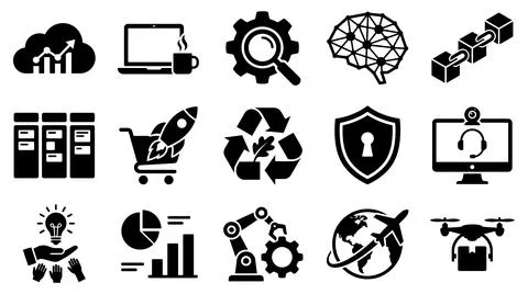 Modern technology digital innovation icons set graphic illustration Stock Illustration