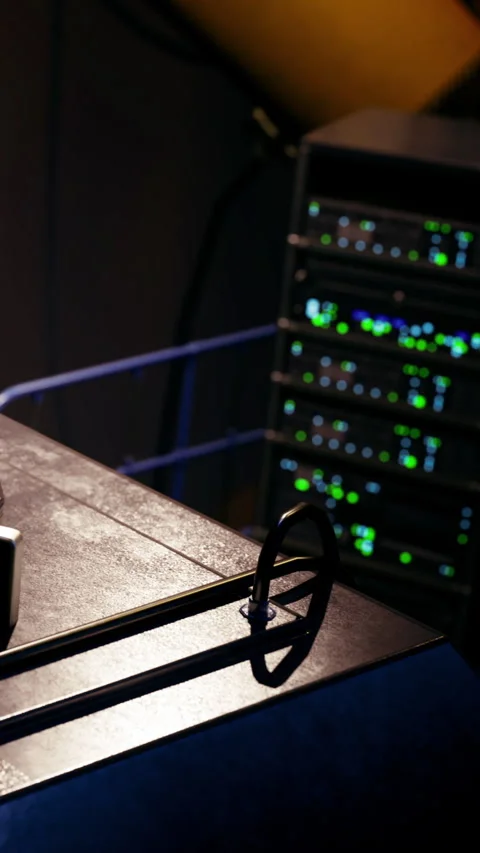 Modern technology displayed in a dark room with glowing servers and tools Stock Footage 341406262