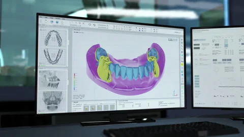 Modern technology displaying the teeth insertion into the 3d jaw model Stock Footage 309957035