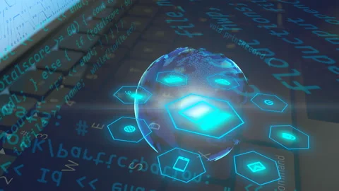 Modern technology era, keyboard with programming code and digital earth globe Stock Footage 115171335