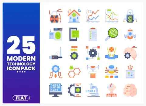 Modern technology flat icons collection in a grid layout. Stock Illustration