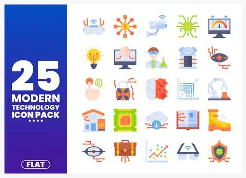 Modern technology flat icons in a grid with a blue gradient background Stock Illustration