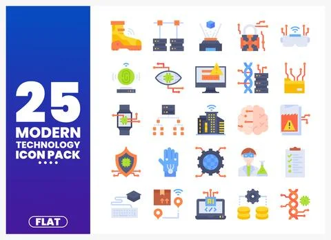 Modern technology flat icons pack presented on a blue and purple gradient b.. Stock Illustration