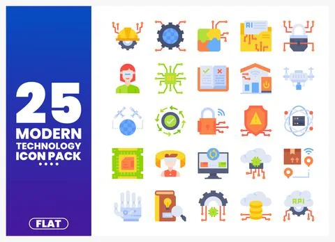 Modern technology flat icons set on white background Illustrazione stock