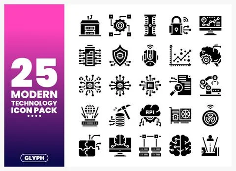Modern technology glyph icon pack with diverse digital symbols on a gradien.. Stock Illustration