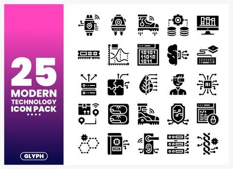 Modern technology glyph icons presented on a clean white background. Stock Illustration