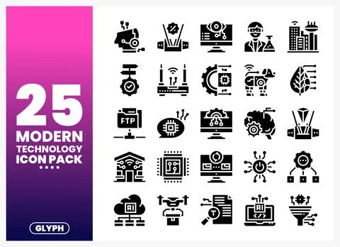 Modern technology glyph icons on white background. graphic design elements Illustrazione stock