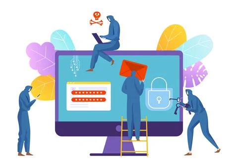 Modern technology hacker steal personal data information, tiny character attack 库存插图