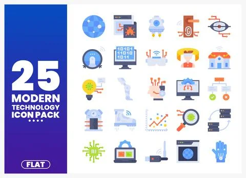Modern technology icon pack featuring flat design elements for digital concep Stock Illustration