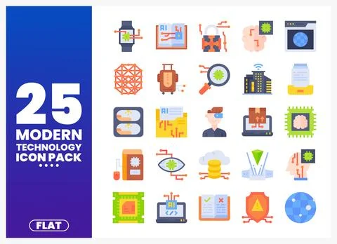 Modern technology icon pack with flat illustrations for digital use Stock Illustration