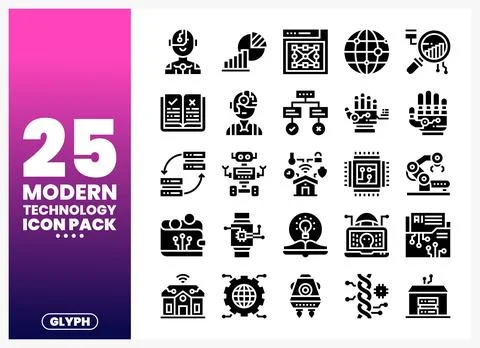 Modern Technology Icon Pack with glyphs. a set of digital graphics for abst.. Stock Illustration
