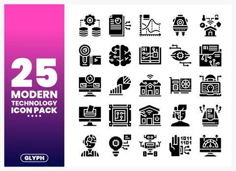 Modern technology icon pack with glyphs. 库存插图