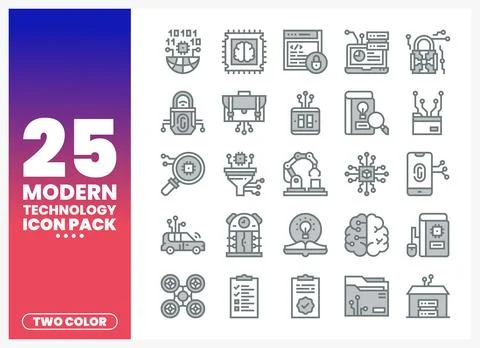 Modern Technology Icon Pack with Two Color Gradient Background Stock Illustration