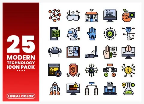 Modern technology icon set with lineal color design on white background Illustrazione stock