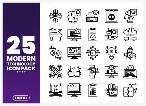 Modern technology icons arranged on a white background in a grid formation. Illustrazione stock
