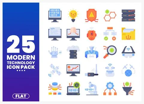 Modern Technology Icons Collection with Binary Code. AI. and Cloud Computing Stock Illustration