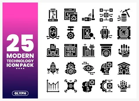 Modern technology icons displayed as glyphs with a purple gradient backgrou.. Stock Illustration