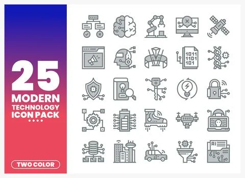 Modern technology icons displayed in a grid on a gradient background Stock Illustration