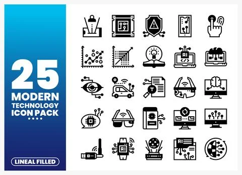 Modern technology icons displayed in a grid on a white background with a bl.. Stockillustratie