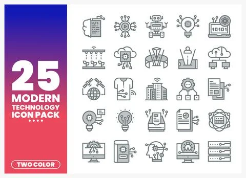 Modern technology icons displayed in a two-color pack. Stock Illustration