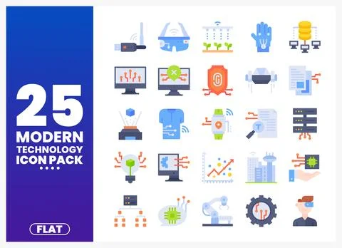 Modern Technology Icons in Flat Design with Blue Gradient Background Stock Illustration