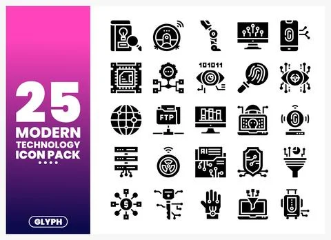 Modern technology icons glyph pack on white background 库存插图