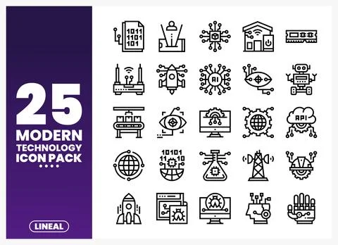 Modern Technology Icons Pack with Binary Code and AI Stock Illustration
