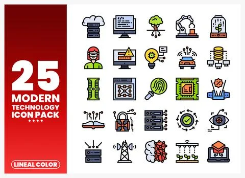 Modern technology icons pack with diverse science and innovation symbols Stock Illustration