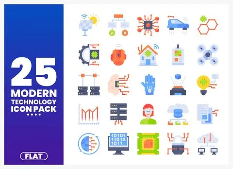 Modern Technology Icons Pack featuring solar power. AI. and data. Flat vect.. Stockillustratie