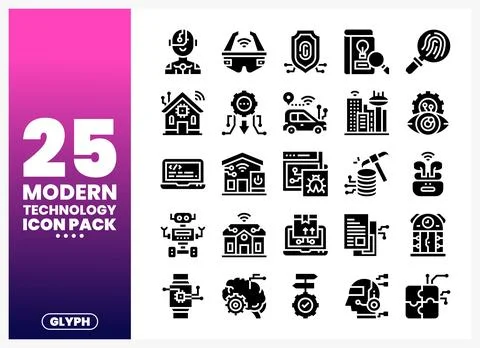 Modern technology icons presented as a glyph pack on a gradient background Stock Illustration