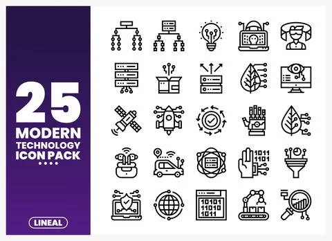 Modern technology icons on a purple gradient background Stockillustratie