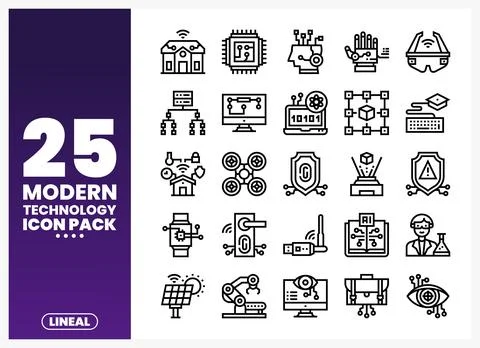 Modern technology icons shown in a grid layout on a purple background Stock Illustration