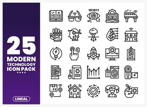 Modern Technology Icons on a White Background with Purple Gradient Stock Illustration