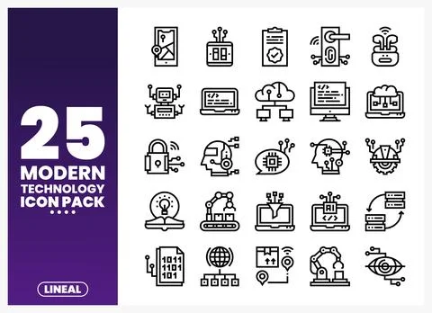 Modern Technology Lineal Icons Pack with Digital and AI Symbols Stock Illustration