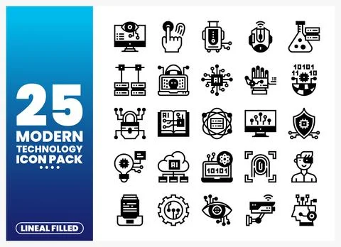 Modern technology linear filled icons on white background Stock Illustration